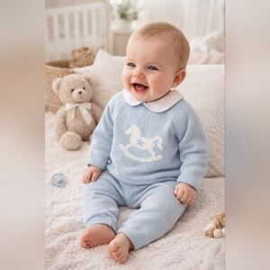 Title: Mi Lucen Baby Blue Knit Rocking Horse 2 Piece Set 6M